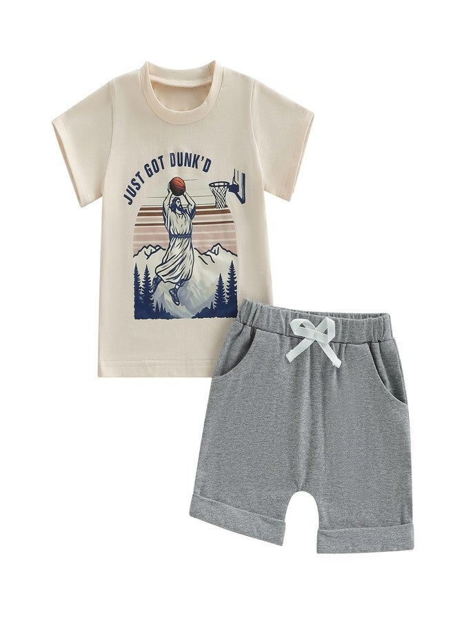 Fernvia Toddler Baby Boy Summer Clothes Funny Basketball Retro Short Sleeve Shirt T-Shirt Tops + Shorts Outfit Set (A Beige, 18-24 Months) - Image 1