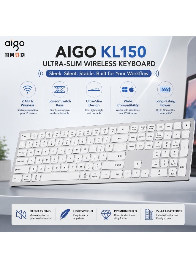 آيجو لوحة مفاتيح لاسلكية فائقة النحافة KL150 - مفاتيح مقص صامتة، تعمل بتردد 2.4 جيجاهرتز، متوافقة مع أنظمة ويندوز وماك، تتضمن بطاريتين AAA - Image 3
