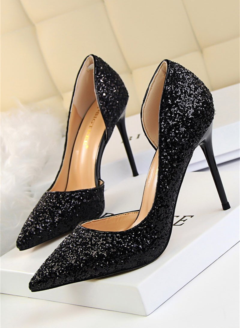 BIGTREE أحذية نسائية بسُمك 9.5 سم مع كعب نحيف وكعب ضحل وخرز جانبي مدبب باللون الأسود - Image 1