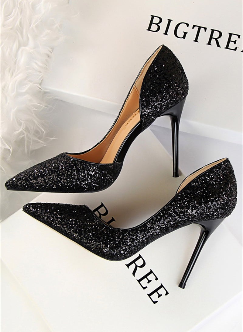 BIGTREE أحذية نسائية بسُمك 9.5 سم مع كعب نحيف وكعب ضحل وخرز جانبي مدبب باللون الأسود - Image 2