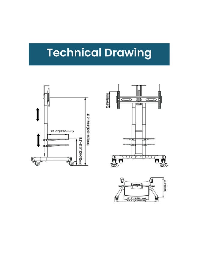 BEETEC Mobile TV Stand for 40-70 Inch TVs up to 50 kg, VESA 600x400 mm, Dual Shelf Mobile TV Trolley with Locking Wheels for Stability | TF-1500S - Image 4