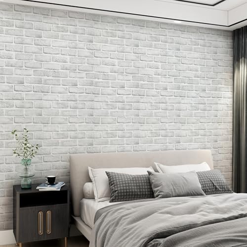 Coavas Peel and Stick Wallpaper Brick 17.7x118.1 Inches White Gray Removable Wallpaper Peel and Stick Self Adhesive Faux Brick for Bedroom Backsplash Laundry Room Accent Walls - Image 2