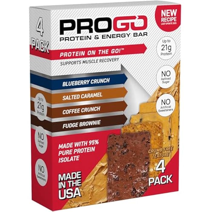 ProGo Protein Bars, Low Sugar, High Protein Snacks (Up to 21g) - 95% Pure Isolate for Faster Muscle Growth & Recovery, Low Calorie, Sweetened w/Peanut Butter & Raw Honey (4-Count, Starter Pack) - Image 1