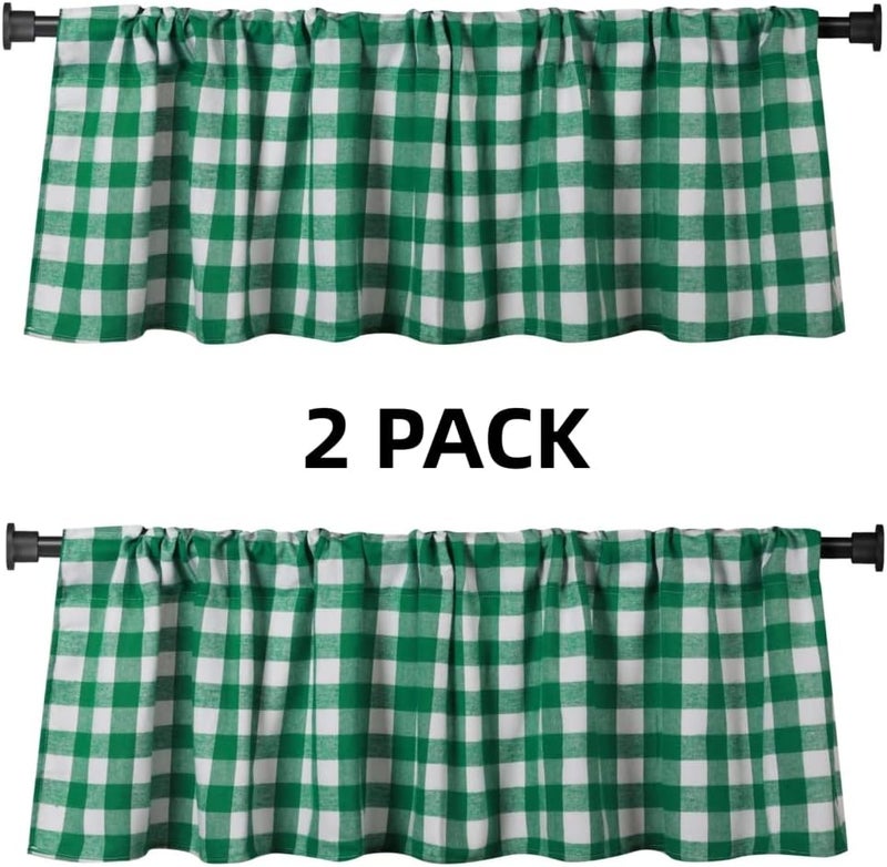 WOSIBO 2 Pack Buffalo Check Plaid Cotton Window Valances Green and White Farmhouse Design Window Treatment Decor Curtains Rod Pocket Valances for Kitchen/Living Room 16" x 56" (Green and White) - Image 2