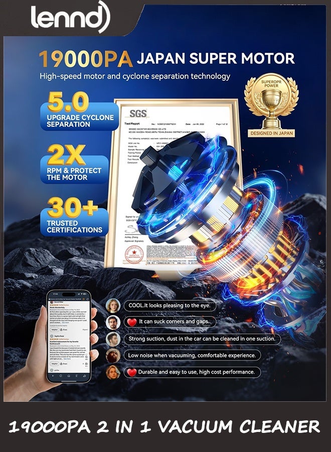 LENND Car Vacuum Portable Cordless, 19000Pa 2 in 1 Vacuum Cleaner&Air Duster, 130W Brushless Motor Handheld Vacuum Cordless with 7800mAh Battery, LED Light, Multi-Nozzles for Car, Home, Office, Pet - Image 3