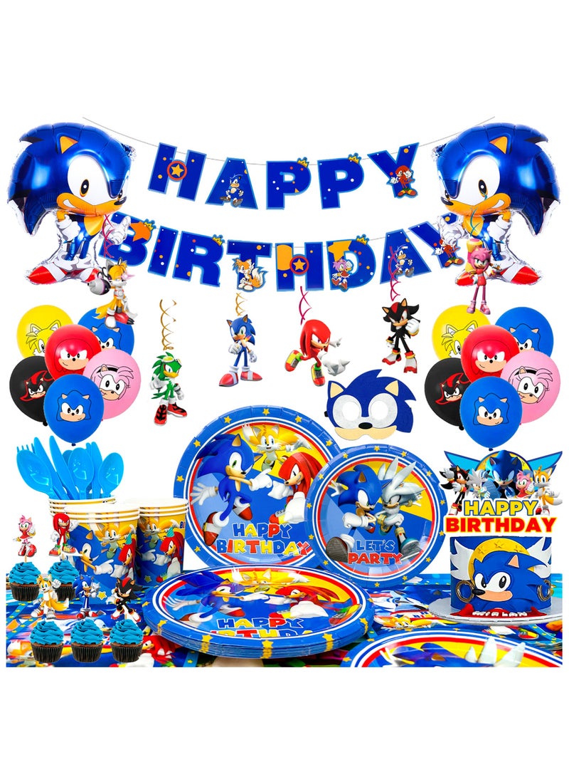 سونيك مستلزمات حفلة عيد ميلاد سونيك، 118 قطعة من زينة عيد ميلاد سونيك تشمل لافتة عيد ميلاد سونيك بالونات أطباق أكواب مناديل مفرش طاولة أدوات مائدة وغيرها من مستلزمات حفلة سونيك - Image 1