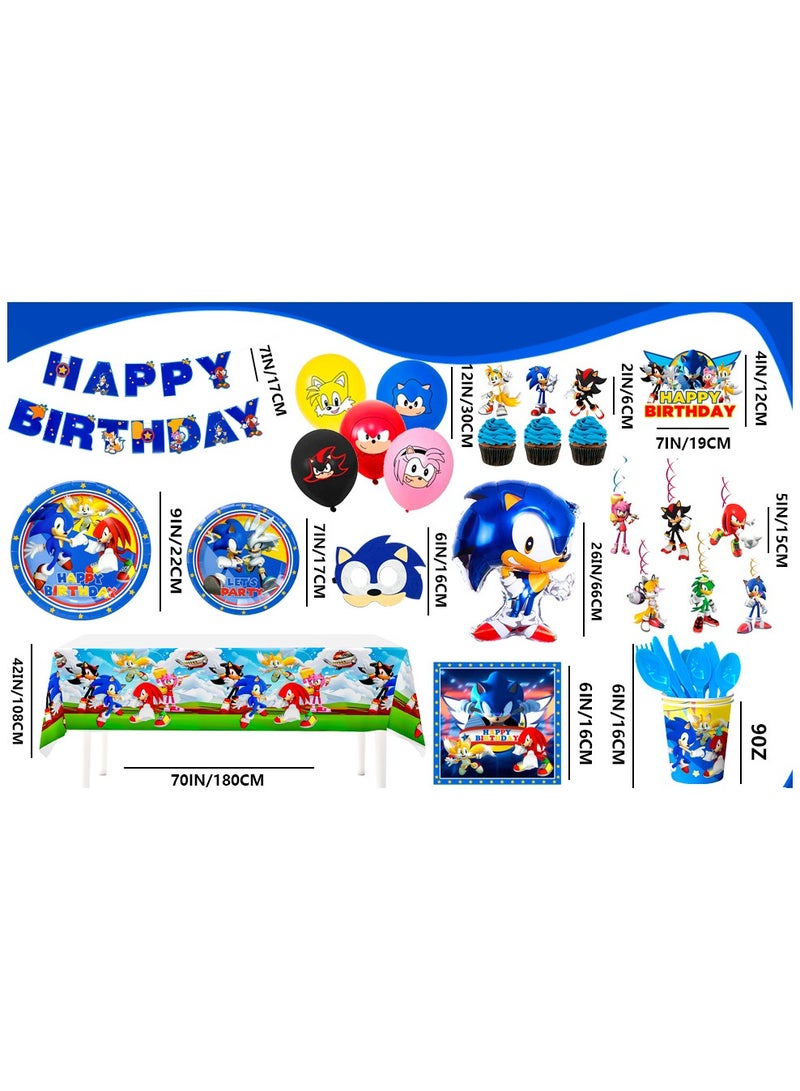 سونيك مستلزمات حفلة عيد ميلاد سونيك، 118 قطعة من زينة عيد ميلاد سونيك تشمل لافتة عيد ميلاد سونيك بالونات أطباق أكواب مناديل مفرش طاولة أدوات مائدة وغيرها من مستلزمات حفلة سونيك - Image 3