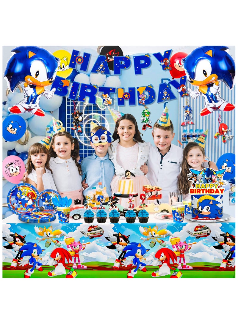 سونيك مستلزمات حفلة عيد ميلاد سونيك، 118 قطعة من زينة عيد ميلاد سونيك تشمل لافتة عيد ميلاد سونيك بالونات أطباق أكواب مناديل مفرش طاولة أدوات مائدة وغيرها من مستلزمات حفلة سونيك - Image 5