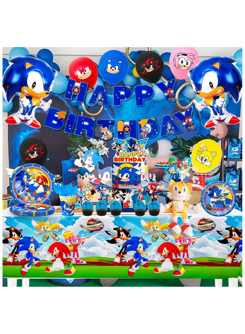 سونيك مستلزمات حفلة عيد ميلاد سونيك، 118 قطعة من زينة عيد ميلاد سونيك تشمل لافتة عيد ميلاد سونيك بالونات أطباق أكواب مناديل مفرش طاولة أدوات مائدة وغيرها من مستلزمات حفلة سونيك - Image 4