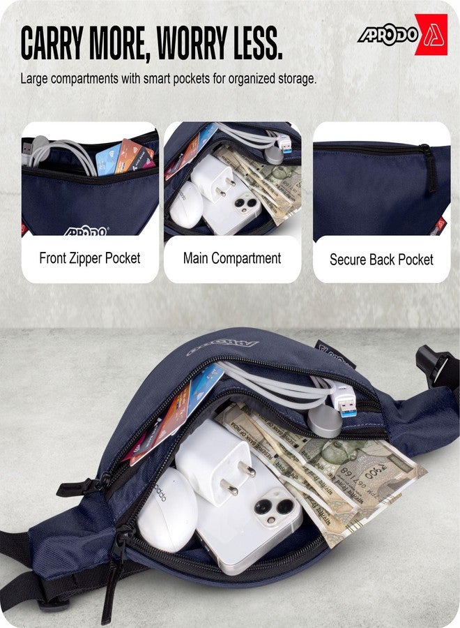 Aprodo Chest & Waist Bag for Men and Women, Hands-Free Fanny Pack Bumbag with 3 Zippered Pockets, Easy Carry Phone Wallet & Cards Beltbag for Sports, Travel, Jogging, Cycling and Workout (Navy Blue) - Image 2