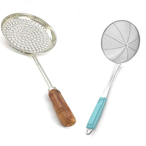 Faas Stainless Steel Boondi Jhara With Wooden Handle for Ladoo Making + Deep Fry Net Spoon Oil Strainer With Long Handle - Best Kitchen Combo for Puri Making - Image 1
