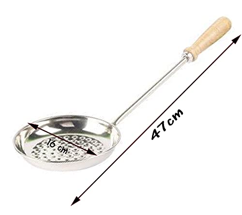 Faas Stainless Steel Boondi Jhara With Wooden Handle for Ladoo Making + Deep Fry Net Spoon Oil Strainer With Long Handle - Best Kitchen Combo for Puri Making - Image 2