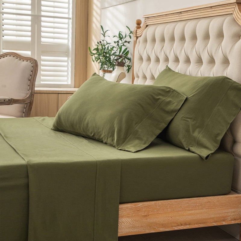 PURE ERA Jersey Knit 4pc Bed Sheet Set 100% T-Shirt Heather Cotton Super Soft Comfy Breathable Fits Mattress Up to 20" Extra Deep Pocket(Olive Green, Queen) - Image 5