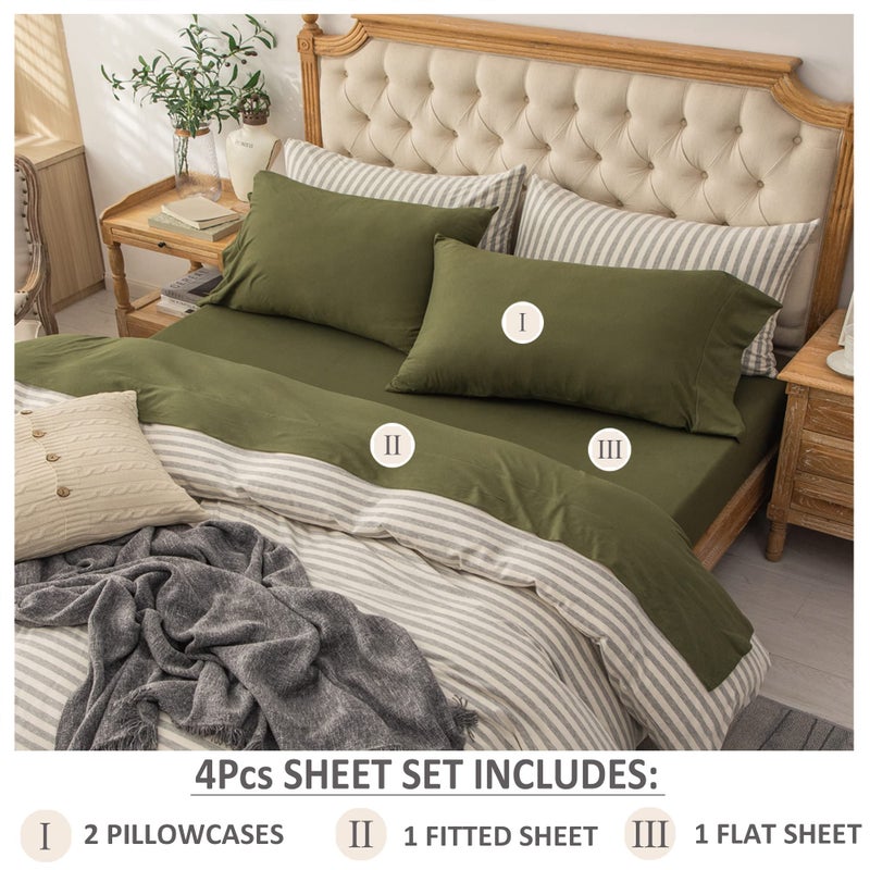 PURE ERA Jersey Knit 4pc Bed Sheet Set 100% T-Shirt Heather Cotton Super Soft Comfy Breathable Fits Mattress Up to 20" Extra Deep Pocket(Olive Green, Queen) - Image 2