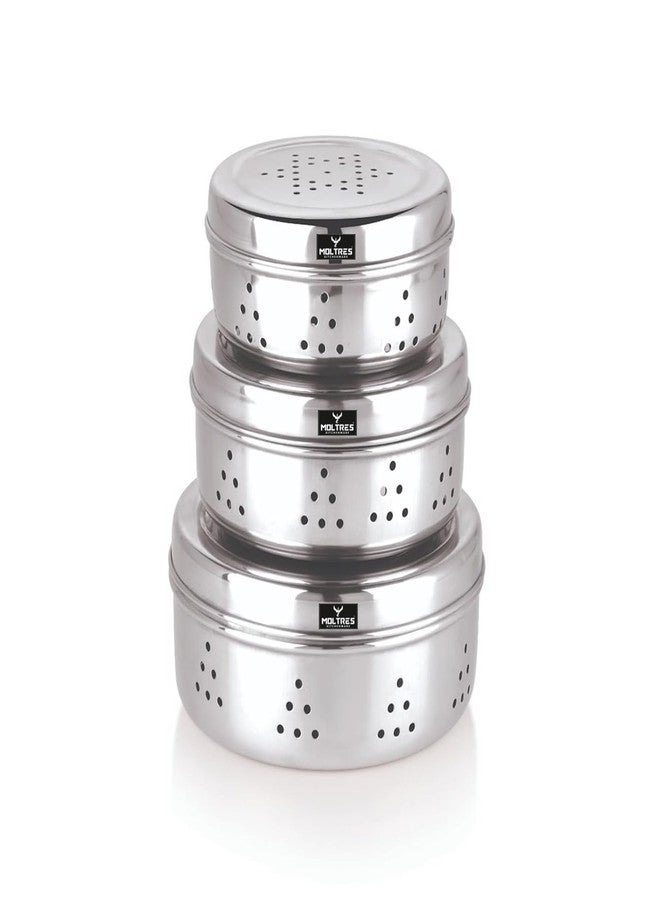 MOLTRES 3ps Combo Stainless Steel Hole Dabba with Air Ventilation, Food Storage Containers | Best to store Leafy Vegetables, Sprout Maker, Coriander Box | Set Of 3 - Image 1