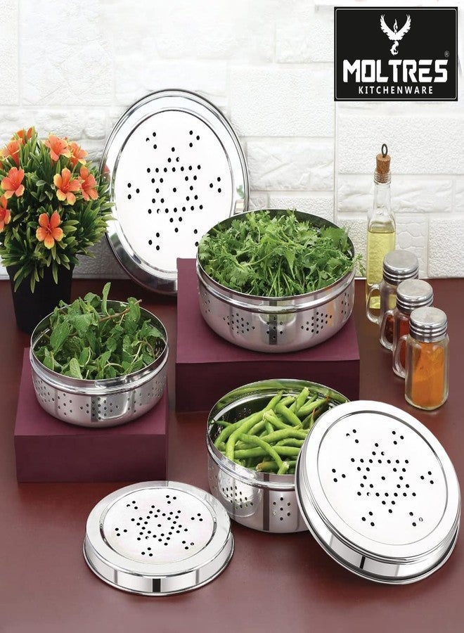 MOLTRES 3ps Combo Stainless Steel Hole Dabba with Air Ventilation, Food Storage Containers | Best to store Leafy Vegetables, Sprout Maker, Coriander Box | Set Of 3 - Image 4