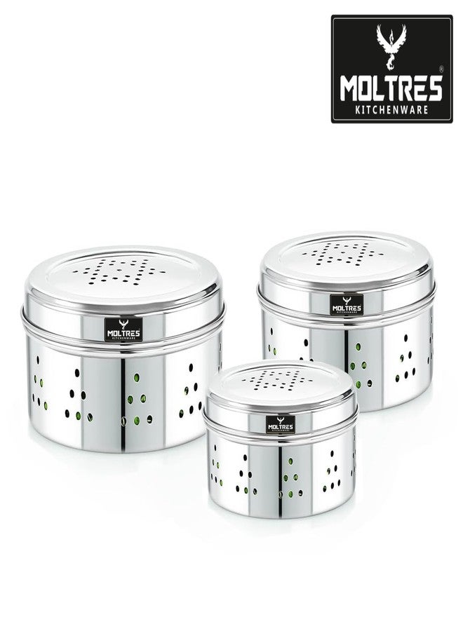 MOLTRES 3ps Combo Stainless Steel Hole Dabba with Air Ventilation, Food Storage Containers | Best to store Leafy Vegetables, Sprout Maker, Coriander Box | Set Of 3 - Image 3