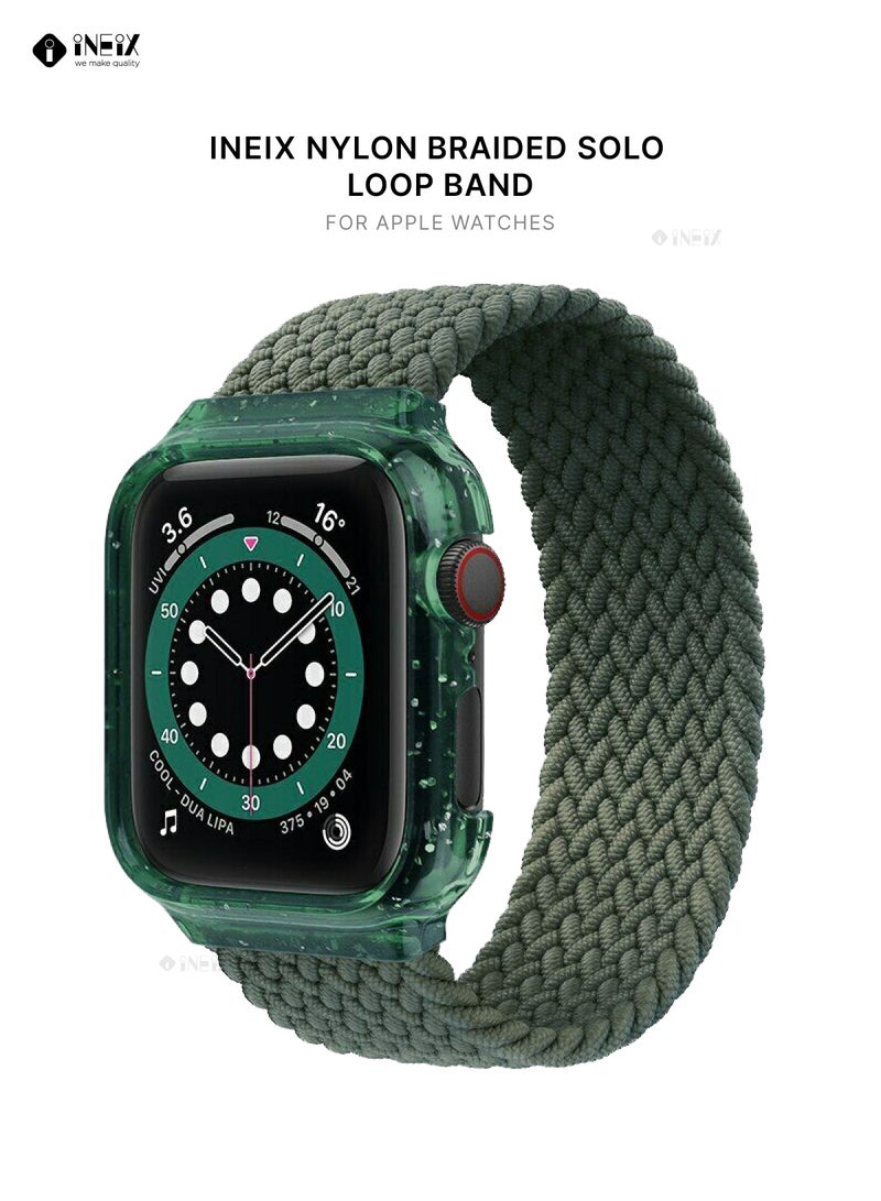 إينيكس سوار ساعة مجدول (مُضفّر) من نايلون قابل للتمدد مع غطاء لامع متوافق مع ساعات ابل 44 ملم (طول حزام 150 ملم ) - اخضر - Image 1