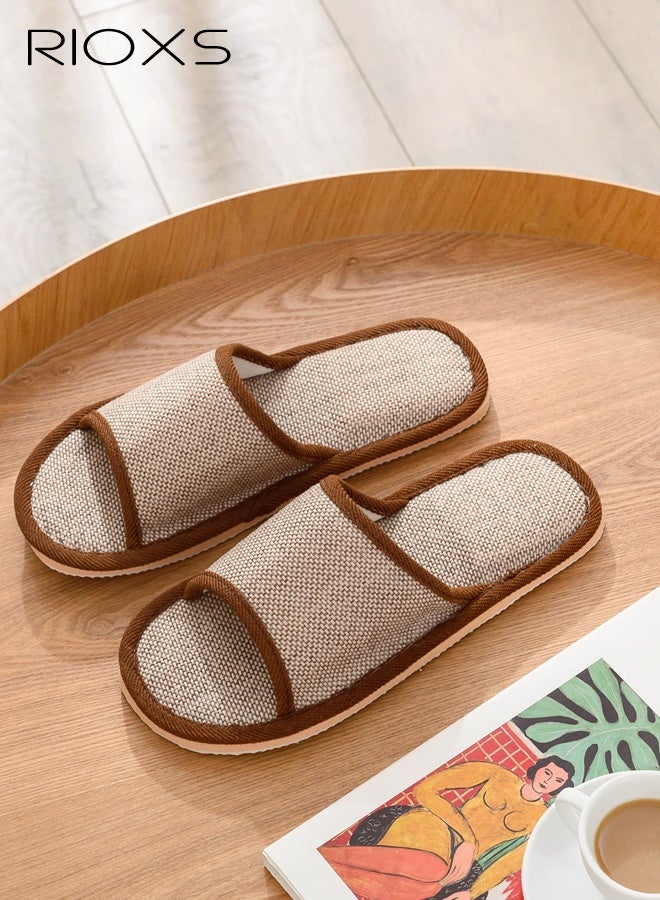 RIOXS 2 Pair Unisex Open Toe Summer House Slippers, Lightweight Breathable Slippers for Men and Women, Comfortable Slip On Slides Sandals, Washable Reusable Silent Slide Slippers for Guests, Non Slip Spa Slipper for Home Bedroom, Hotel, Travel, Beige - Image 3