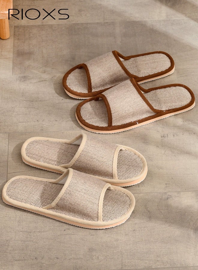 RIOXS 2 Pair Unisex Open Toe Summer House Slippers, Lightweight Breathable Slippers for Men and Women, Comfortable Slip On Slides Sandals, Washable Reusable Silent Slide Slippers for Guests, Non Slip Spa Slipper for Home Bedroom, Hotel, Travel, Beige - Image 2