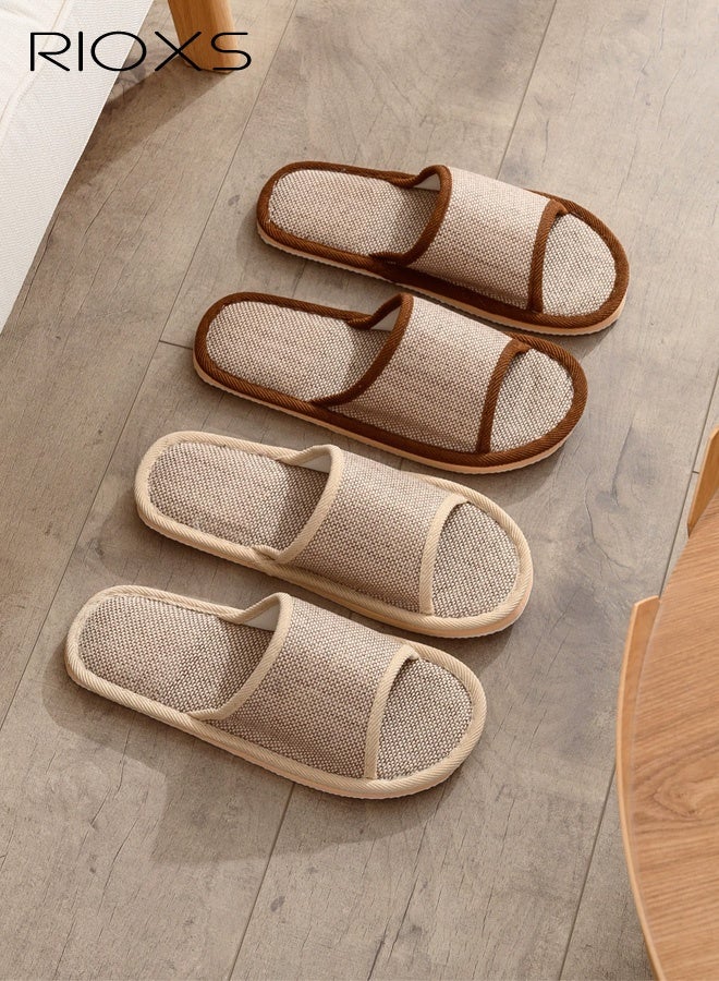 RIOXS 2 Pair Unisex Open Toe Summer House Slippers, Lightweight Breathable Slippers for Men and Women, Comfortable Slip On Slides Sandals, Washable Reusable Silent Slide Slippers for Guests, Non Slip Spa Slipper for Home Bedroom, Hotel, Travel, Beige - Image 1