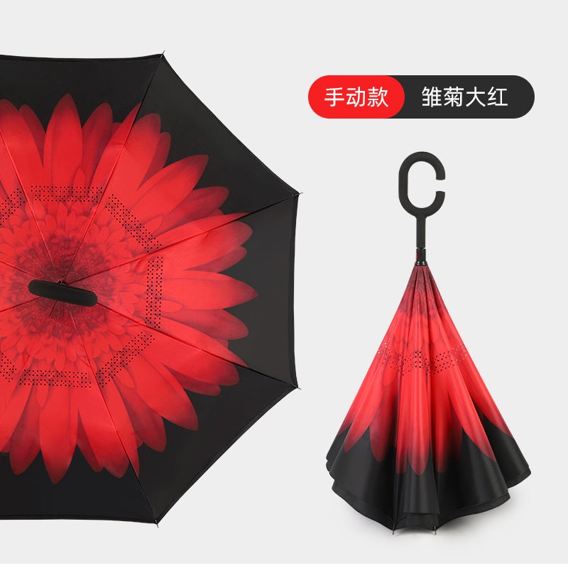 Hands-Free C-Handle Standable Reverse Umbrella Daisy red hand opening style 