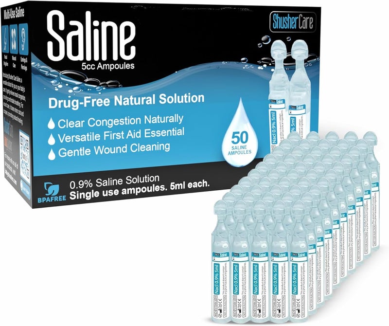 Shusher Care Saline Ampoules - Saline Solution for Nebulizer, Sodium Chloride 0.9% for Nose, Nasal Cleanse for Babies, Kids, & Adults, Sterile Nasal Care, Wound Cleansing - 50 Count (5ml Each) - Image 1