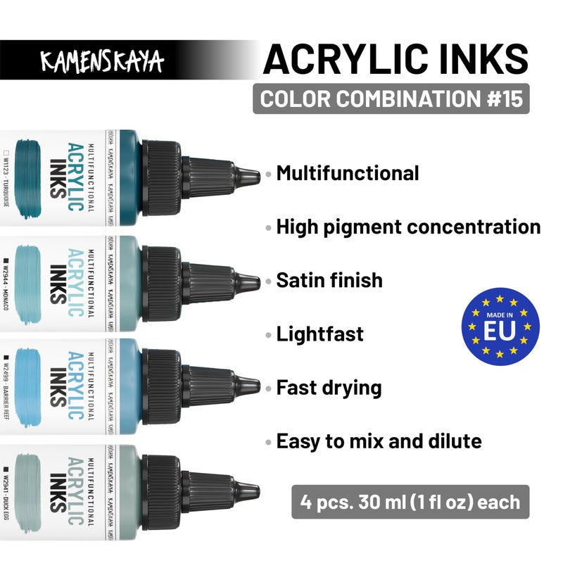 Kamenskaya Acrylic Inks for Artists - Acrylic Ink Set, Color Combination #15-4 pcs. 1 Fl Oz (30 ml) Each - Image 3