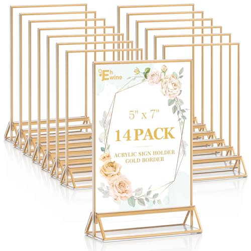 EHWINE 14 Pack 5×7 Clear Acrylic Sign Holder with Gold Borders and Vertical Stand, Double Sided Table Menu Holders Picture Frames for Wedding Table Numbers, Restaurant Signs, Photos and Art Display - Image 1