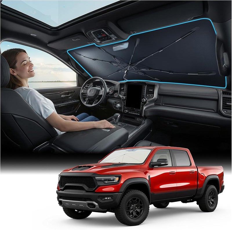Nmoiss Windshield Sun Shade Umbrella for Ram - [Vinyl Coating Heat Shield] Protect Car from Sun Rays & Heat Damage Keep Cool and Protect Interior, Spring Structure Edge - Image 1