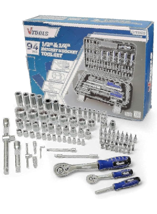 VTOOLS 94 Pc 1 2" And 1 4" Drive Impact Socket Tool Set Inch Portable Case Includes Extension Bars Universal Joint Deep Socket And Sliding Bar And Socket Bits Vt5105
