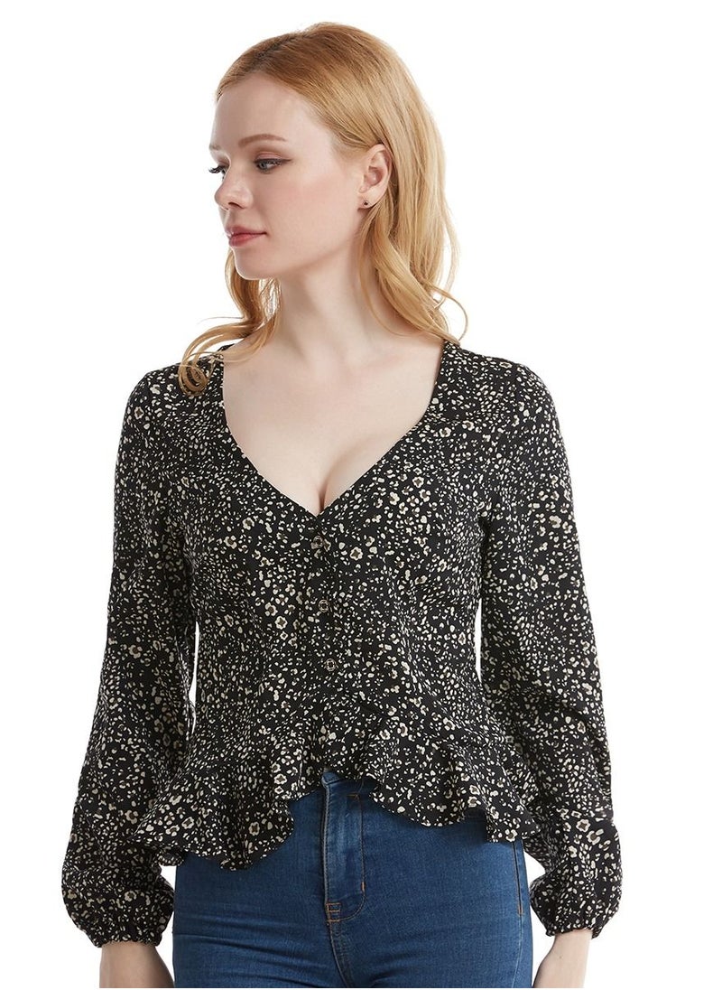 Loquat - Women's Stylish Long Sleeve Top Printed Chiffon Ruffled Blouse Black Mix - Image 1