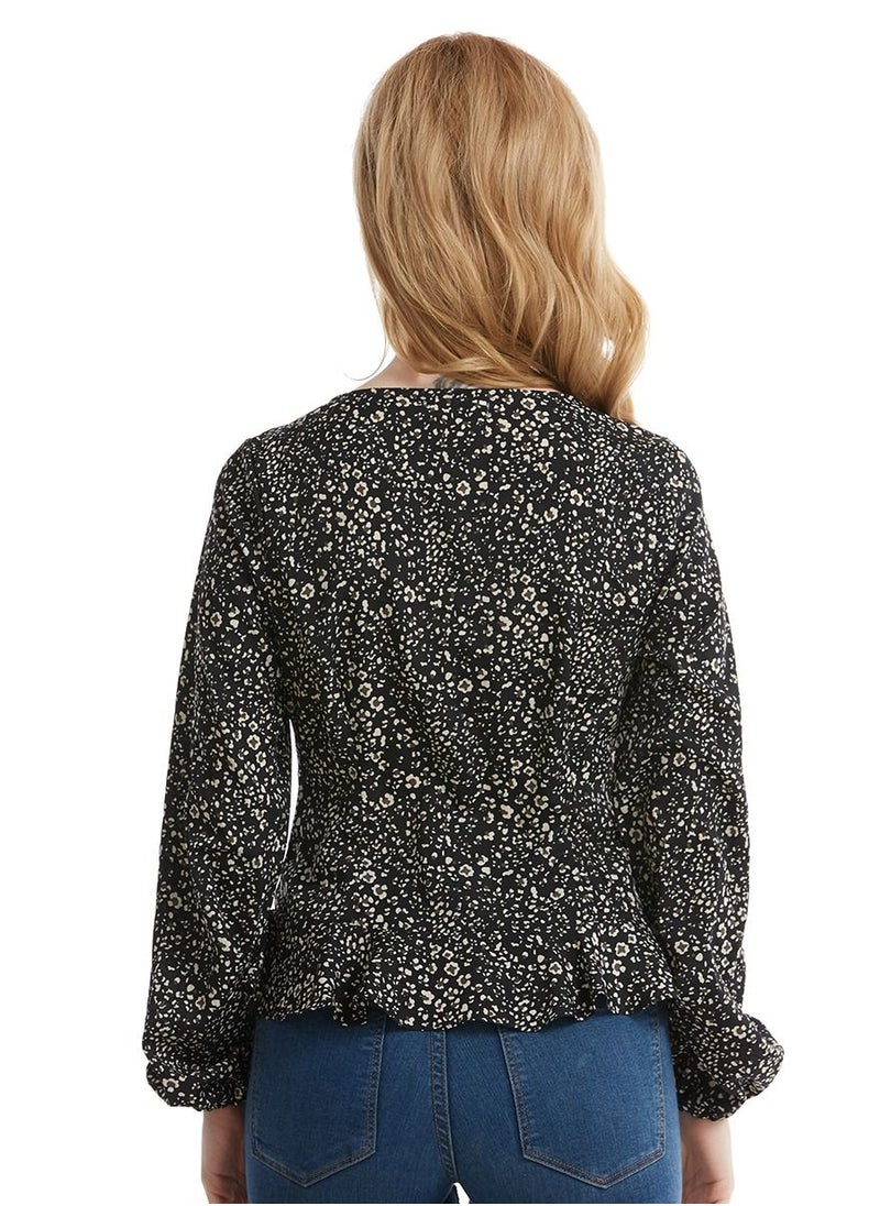 Loquat - Women's Stylish Long Sleeve Top Printed Chiffon Ruffled Blouse Black Mix - Image 1