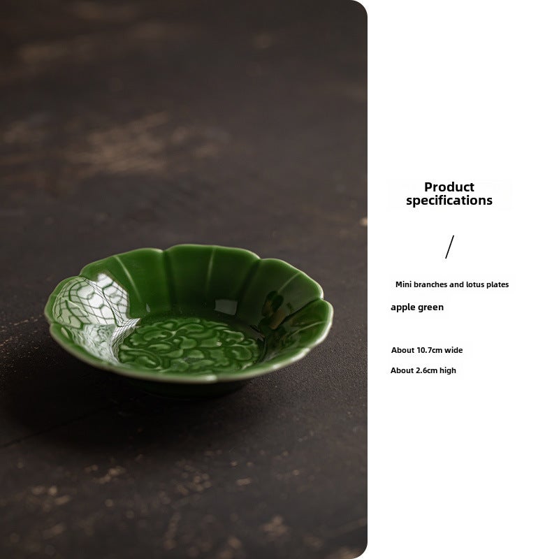 Ceramic Dessert Plate Snack Dish Retro Tea CoasterMini Stalk Lotus-Apple Green Mini Stalk Lotus-Apple Green 