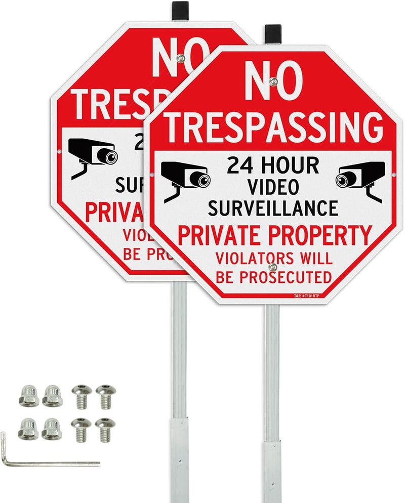 TR Large No Trespassing Private Property Sign Video Surveillance Sign with 36" Stake for Outside - 2 Pack - 12"x12" .040 Rust Free Heavy Aluminum, Reflective, Waterproof, Weatherproof and Fade - Image 1