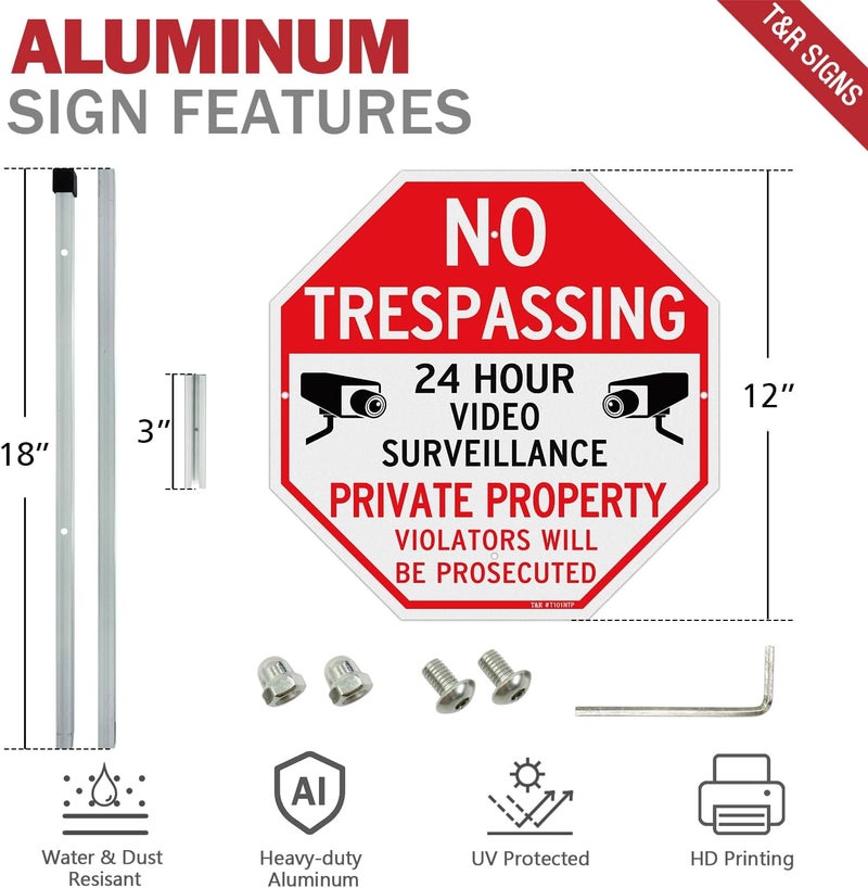 TR Large No Trespassing Private Property Sign Video Surveillance Sign with 36" Stake for Outside - 2 Pack - 12"x12" .040 Rust Free Heavy Aluminum, Reflective, Waterproof, Weatherproof and Fade - Image 2