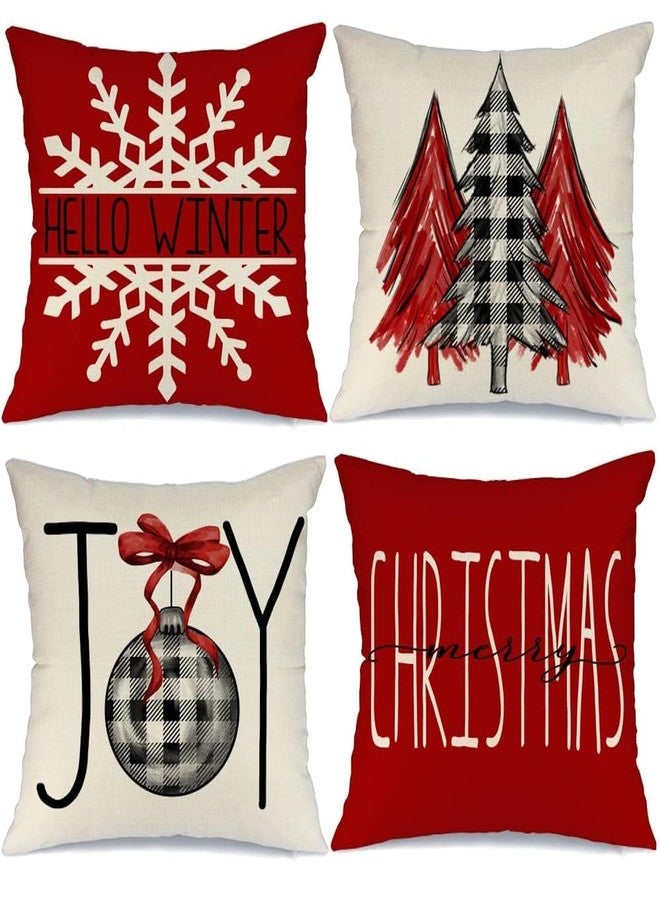 GEEORY Christmas Pillow Covers 18x18 Set of 4 for Xmas Decorations Buffalo Plaid Check Christmas Tree Joy Snow Pillow Cases Winter Holiday Throw Pillows Farmhouse Decor for Couch - Image 1