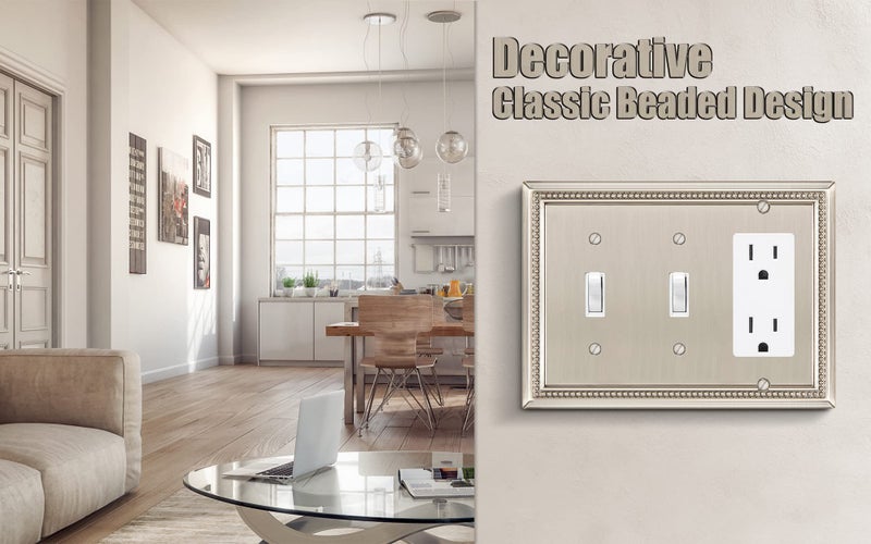 Henne Bery Sunken Pearls Heavy Duty Decorative Wall Plate Switch Plate Outlet Cover (Double Toggle/Single Decorator, Satin Nickel) - Image 4