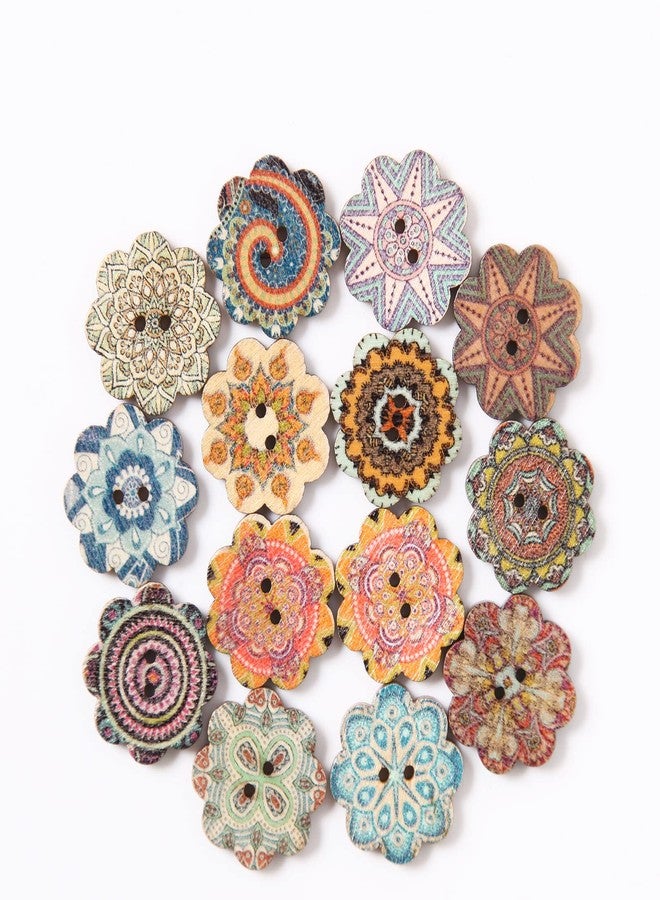 MASONEE 100PCS Mixed Pattern Vintage Wooden Buttons - 3/4inch, 2 Holes, Random Flower Painting, DIY Craft Sewing, Decorative, 20mm - Image 2