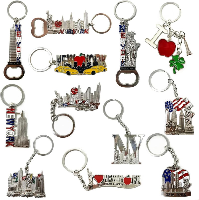 TSY TOOL 12 Pack Silver NYC Souvenir Collection New York Metal Keychain Ring Bundle Bulk Includes Empire State, Freedom Tower, Statue Of Liberty, USA Flag,NY Cab, Apple, 3 Pc Bottle Opener too And More - Image 1