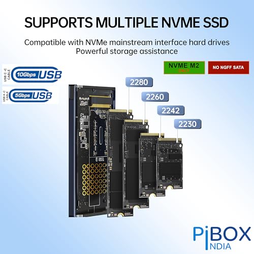 pibox India صندوق PiBOX الهندي NVMe M2 - غلاف USB 3.2 بسرعة 10Gbps، علبة M.2 بدون أدوات، قارئ PCI-E، USB-C، يدعم مفاتيح M و B&M، SSDs بحجم 2230/2242/2260/2280، شريحة REALTEK RTL9210 - Image 3