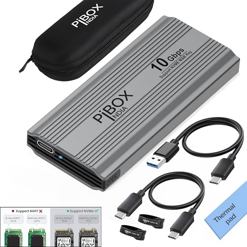 pibox India صندوق PiBOX الهندي NVMe M2 - غلاف USB 3.2 بسرعة 10Gbps، علبة M.2 بدون أدوات، قارئ PCI-E، USB-C، يدعم مفاتيح M و B&M، SSDs بحجم 2230/2242/2260/2280، شريحة REALTEK RTL9210 - Image 1