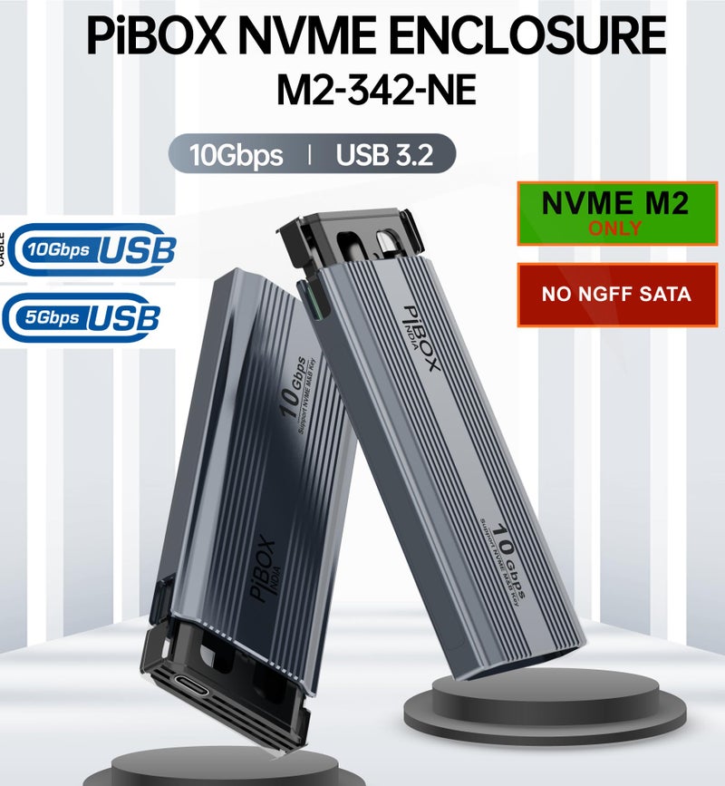 pibox India صندوق PiBOX الهندي NVMe M2 - غلاف USB 3.2 بسرعة 10Gbps، علبة M.2 بدون أدوات، قارئ PCI-E، USB-C، يدعم مفاتيح M و B&M، SSDs بحجم 2230/2242/2260/2280، شريحة REALTEK RTL9210 - Image 2