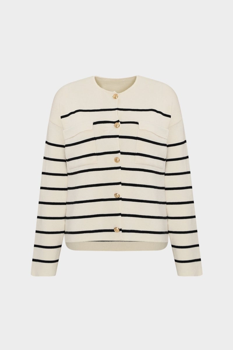Açelya Okcu Azalea Okcu Premium Crew Neck Pocket Detailed Striped Women's Knitwear Cardigan  - Image 1