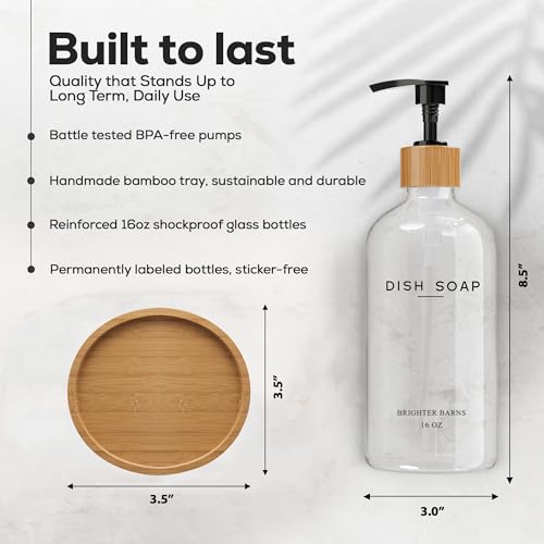 Brighter Barns Clear Glass Dish Soap Dispenser by Brighter Barns - Kitchen Sink Set With Bamboo Tray - Modern Decor and Accessories, Minimalist Neutral Home (Clear) - Image 3