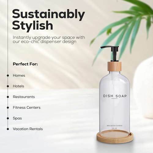 Brighter Barns Clear Glass Dish Soap Dispenser by Brighter Barns - Kitchen Sink Set With Bamboo Tray - Modern Decor and Accessories, Minimalist Neutral Home (Clear) - Image 2