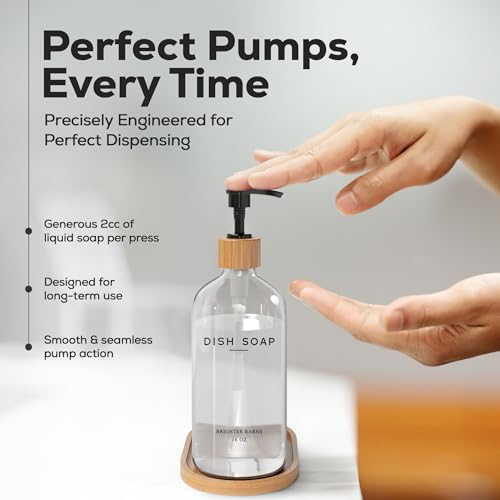 Brighter Barns Clear Glass Dish Soap Dispenser by Brighter Barns - Kitchen Sink Set With Bamboo Tray - Modern Decor and Accessories, Minimalist Neutral Home (Clear) - Image 4
