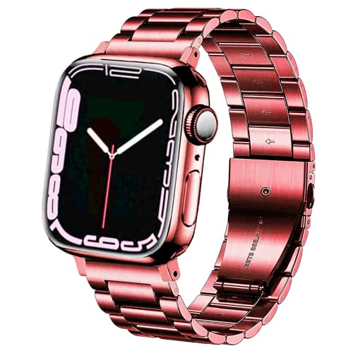 DEALELE Bands Compatible with iWatch 49mm 46mm 45mm 44mm 42mm Solid Stainless Steel Metal Replacement Strap for Apple Watch Series 1110 98 76 54 3 SEUltra Women Men Red - Image 1