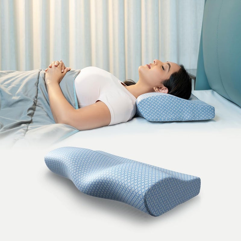 WELLGIVER WELLGIVER Cervical Memory Foam Pillow for Neck Pain 2 Year Warranty 19 x 11 x 4 Inch Standard Orthopedic Pillow Spondylitis Neck Shoulder Pain Washable Jacquard Blue Cover Pack of 2 - Image 1
