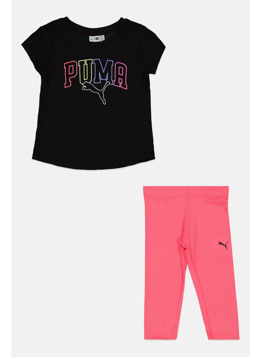 PUMA Kids Girl 2 Pcs Brand Logo Top And Leggings Set, Black/Pink  - Image 1